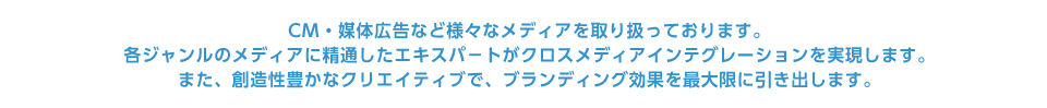 CM・媒体広告など様々なメディアを取り扱っております。各ジャンルのメディアに精通したエキスパートがクロスメディアインティグレーションを実現します。また、創造性豊かなクリエイティブで、ブランディング効果を最大限に引き出します。