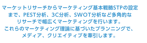 マーケットリサーチからマーケティング基本戦略STPの設定まで、3C分析、SWOT分析など多角的なリサーチで幅広くマーケティングを行います。これらのマーケティング理論に基づいたプランニングで、メディア、クリエイティブを牽引します。