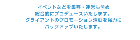 イベントなどを集客・運営も含め総合的にプロデュースいたします。クライアントのプロモーション活動を協力にバックアップいたします。